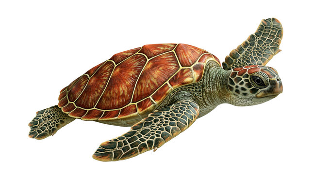 Detailed green sea turtle swimming with patterned brown and orange shell