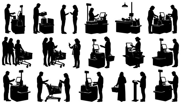 Silhouette Set: Shoppers and Cashiers at Supermarket Checkout, Retail Transactions, Modern Shopping Experience, Vector Icons