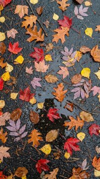 Colorful autumn leaves lying on wet dark asphalt after rain. Top view of red oak and maple foliage scattered on ground with puddle.