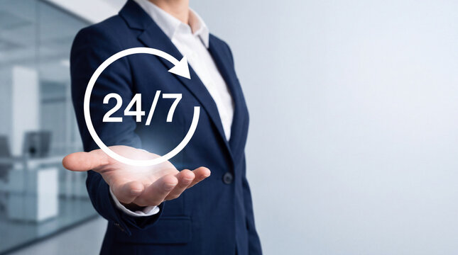 Professional businessman presenting a 24/7 service icon, representing non-stop customer support and banking availability in a modern office.
