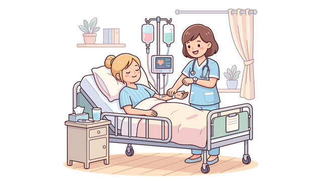 Gentle nurse tending to a patient receiving an intravenous drip in a cozy hospital room setting depicted in a charming cartoon