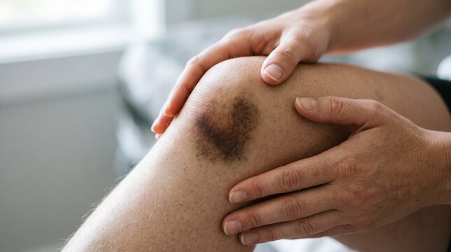 Close-up view of a person holding their injured knee with a large dark purple bruise and swelling from an impact, showing pain and injury care in a brightly lit indoor home setting during the day.