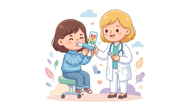Cute cartoon doctor assisting a child with an inhaler and spirometer in a cheerful medical setting full of soft colors and