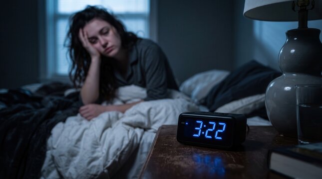 Exhausted young woman suffering from insomnia, sitting awake in bed staring blankly at a digital bedside clock showing 322 AM in a dark bedroom, depicting sleep deprivation and nocturnal anxiety.