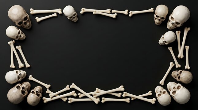 Halloween flat lay frame of human skulls and bones on black background