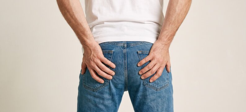 Rear view of a man in blue jeans and a white t-shirt holding his buttocks with both hands, posing against a neutral studio background, illustrating physical discomfort, back pain, or humor.