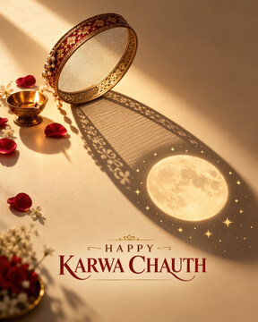 Happy Karwa Chauth Creative Shadow Play Concept Featuring Decorated Channi Sieve Casting Moonlit Shadow with Stars, Diya Lamp, and Red Petals