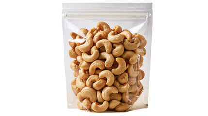 Roasted salted cashew nuts in a clear plastic stand up zipper pouch bag © dominica