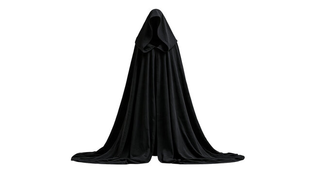 Long black hooded cloak with flowing fabric folds