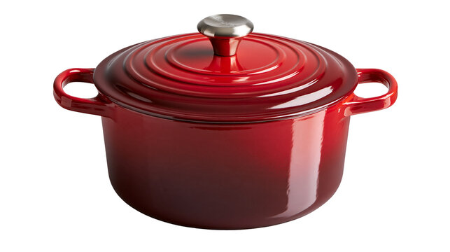 Glossy red enameled cast iron dutch oven with matching lid and metal knob