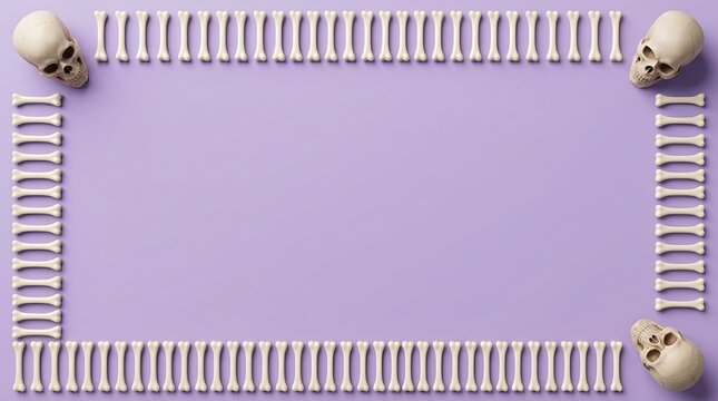 Halloween flat lay frame with human skulls and bones on purple background