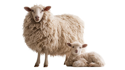 Fluffy adult sheep standing with a small cute lamb resting on the ground © dominica