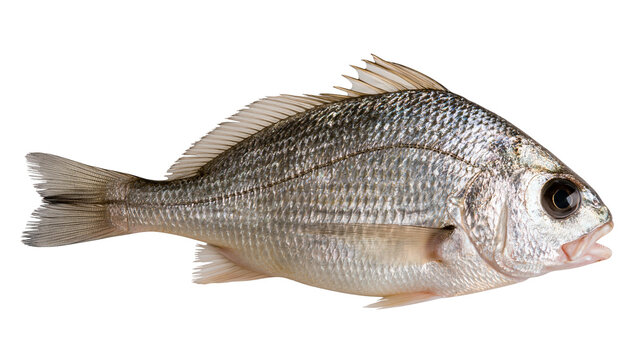 Fresh whole silver sea bream fish with shiny scales and fins