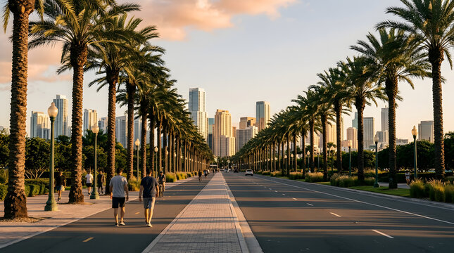 Palm-lined boulevard leading to modern city skyline at sunset