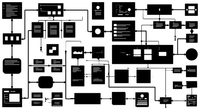Abstract Flowchart Diagram, Data Flow Process, System Architecture Blueprint, Information Network Structure, Vector Graphic Elements