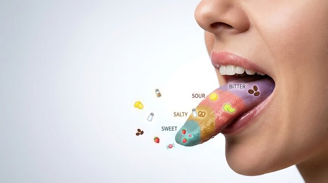 Taste buds on tongue showing sweet salty sour and bitter zones for education
