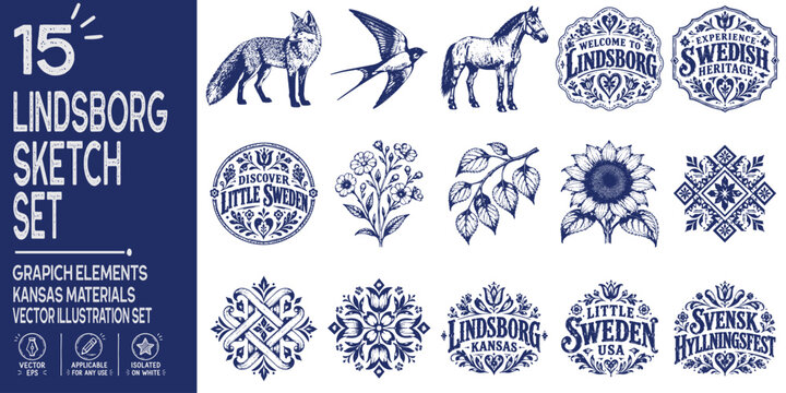 Lindsborg Kansas Vintage Scandinavian Travel Graphic Elements Set, Little Sweden USA Typography, Dala Horse Folk Art, Swedish Heritage Badges, Nordic Floral and Wildlife Line Art