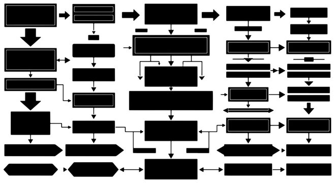 Complex Black and White Flowchart Icons, Process Diagram Elements, Workflow Steps, Business Logic Charts, Data Flow Visuals, System Architecture Graphics