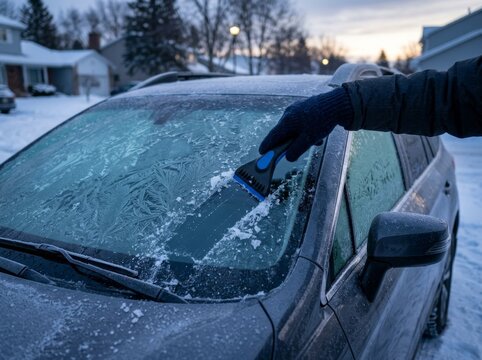 Man in gloves scraping frost and ice from frozen car windshield with plastic scraper. Winter morning in snowy residential neighborhood at dawn.