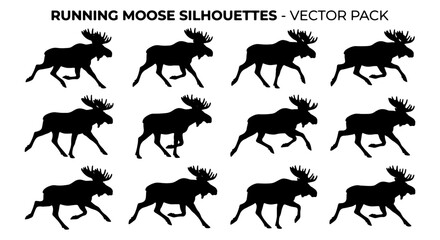 Fototapeta premium Running Moose Silhouettes Vector Pack: Dynamic Wildlife Graphics, Majestic Animal Poses, Nature-Inspired Design Elements, Outdoor Adventure Illustrations