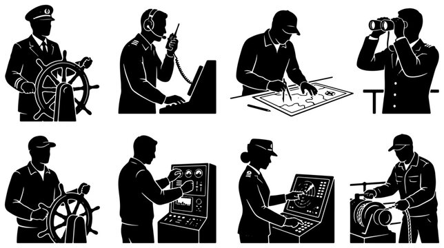 Nautical Navigation and Control Set, Maritime Officer Icons, Ship Steering and Communication Graphics, Marine Technology Vector Collection