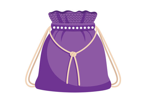 A flat vector illustration of a stylish purple drawstring pouch bag featuring a simple elegant design isolated against a plain white background