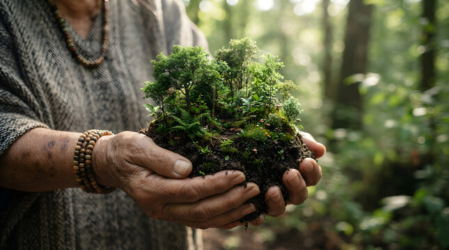 A person gently cradles a vibrant miniature forest ecosystem in the palms of their hands, symbolizing environmental care, sustainability, and nature connection