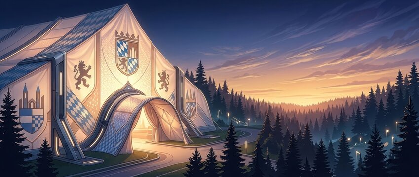 Bavarian Oktoberfest festival tent illuminated at sunset in a pine forest landscape