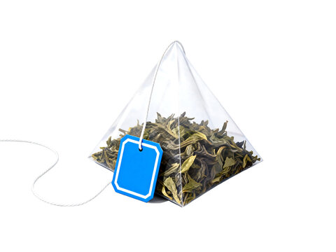 [Transparent Background PNG]Pyramid Shaped Tea Bag with Loose Tea Leaves and Blue Tag