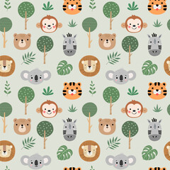 Fototapeta premium Cute jungle animal heads vector seamless pattern with trees and leaves on light sage green background for nursery decor, kids apparel, and wallpaper.