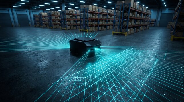 Conceptual wide angle of an industrial AGV robot mapping a warehouse floor with cyan LiDAR