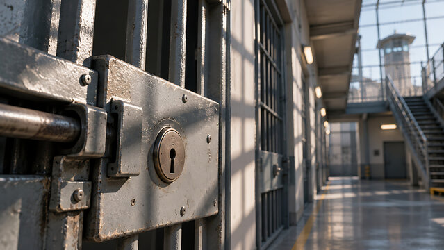 Close-Up of Heavy Prison Cell Door Lock and Metal Bars