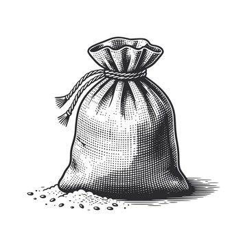 a knotted bag with scattered grain or seeds, vector illustration. for agricultural company logos, bakery packaging, vintage labels, organic food branding, and retro culinary designs.
