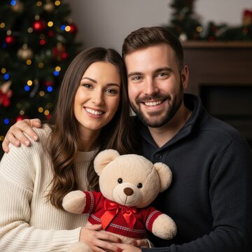 Happy couple holding teddy bear by Christmas tree.