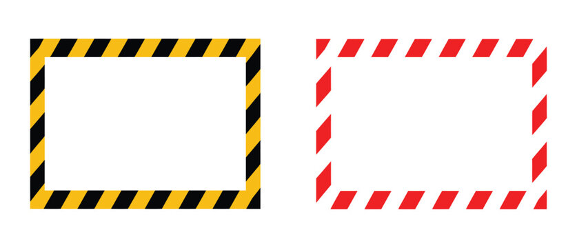 Rectangular caution tape frame set, yellow black and red white striped borders, warning signs, safety concepts, hazard alert, isolated vector illustration
