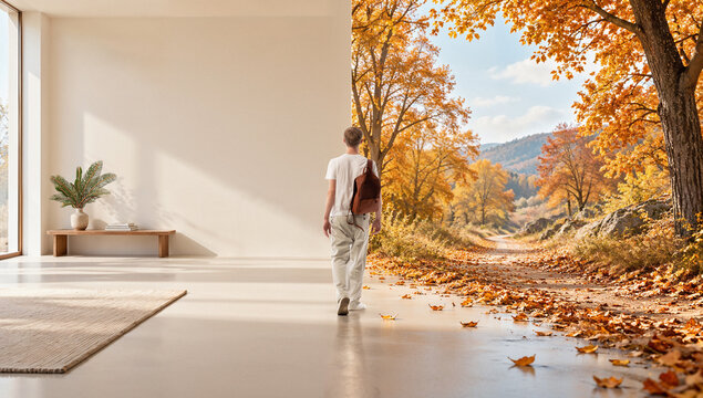 Man walking from modern living room directly into sunlit autumn forest. Concept of new journey, seasonal change and travel inspiration.