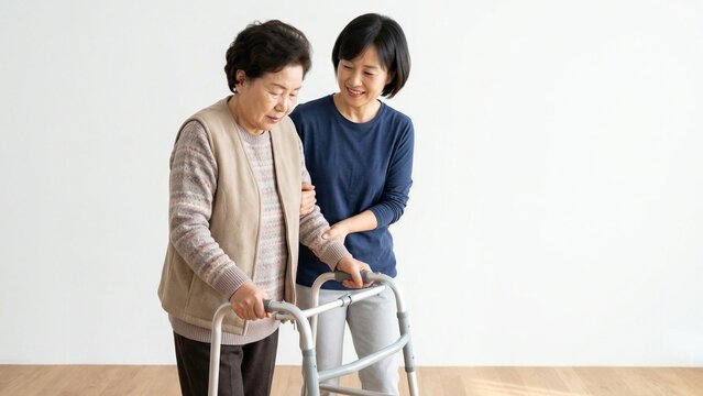 Senior Woman Using Walker Assisted by Caregiver in Lifestyle Photo