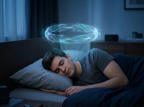 Man sleeping peacefully in bed at night with glowing digital sound wave above his head. Dark bedroom interior creates calm restful atmosphere.