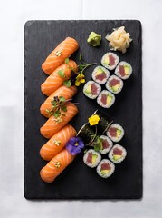 Gourmet salmon nigiri and tuna maki sushi platter on slate © Chetaktic Project
