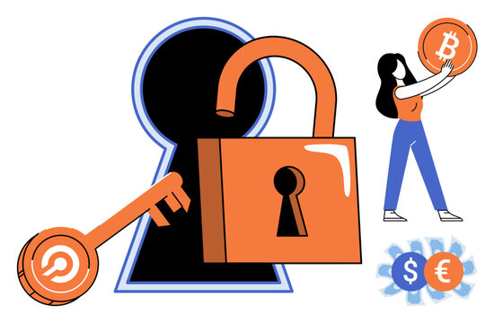 Open padlock with keyhole and woman holding bitcoin vector illustration. Financial security, digital wallet, blockchain technology, crypto investment, online safety, money protection. Unlocked lock