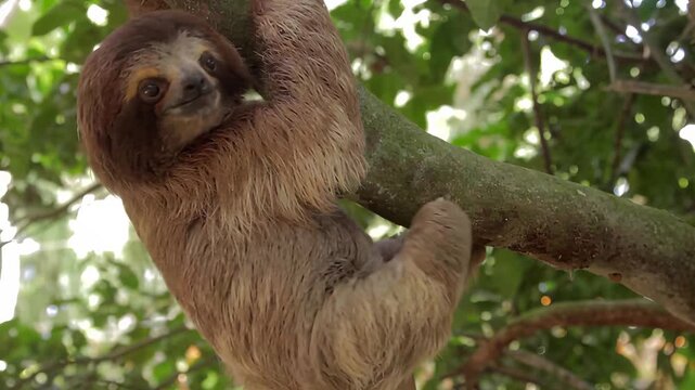 Close-up of a three-toed sloth hanging from a tree branch in lush green foliage
