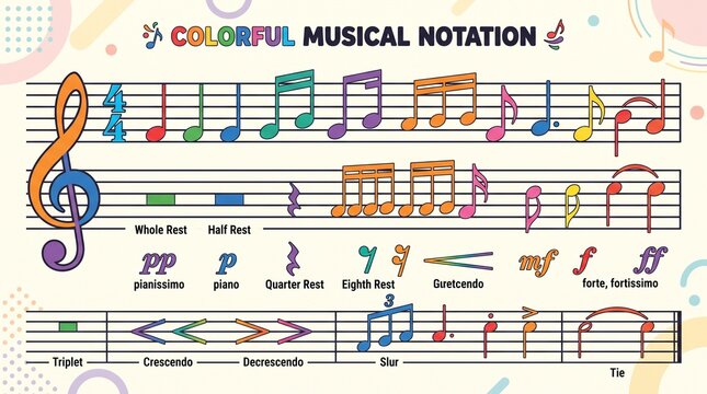 Colorful musical notation collection featuring treble clef, eighth notes, beamed notes, rests, dynamics, crescendo symbols, and varied rhythmic elements in clean vector style.