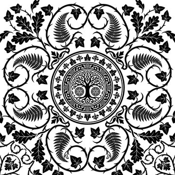 Black and white bandana pattern featuring repeating paisley, delicate floral vines, and seamless elements