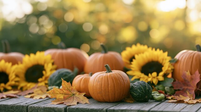 The pumpkins on a rustic table with sunflowers and fallen autumn leaves
