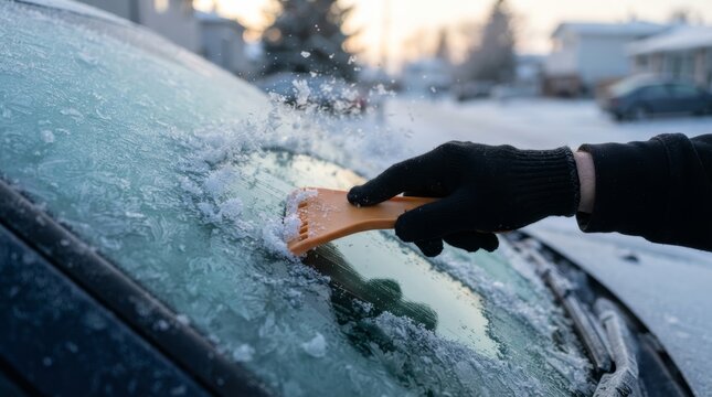 Hand in black glove scraping ice and frost from frozen car windshield with orange scraper. Cold winter morning on snowy residential street.