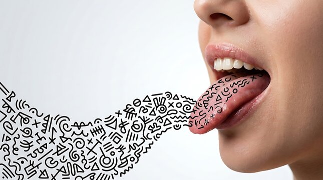 Talkative woman with abstract doodle lines flowing from her tongue and mouth