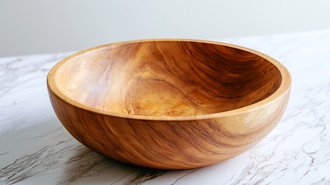 Empty wooden bowl with a natural grain pattern sits elegantly on a marble surface, exhibiting rustic charm for tabletop arrangements