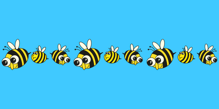 Funny fat Bee vector seamless border. Fun humor Bee ornament isolated blue background. Perfect kids room wall frame decor nursery child t-shirt print. Editable stroke EPS 10