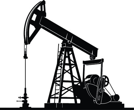 Oil Pumpjack or Nodding Donkey Silhouette Icon - Industrial Petroleum Extraction Design - Crude Oil Production Equipment in Vector Black and White