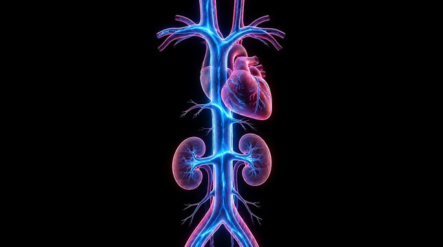 Medical illustration showing human heart and kidneys with major blood vessels on black background.